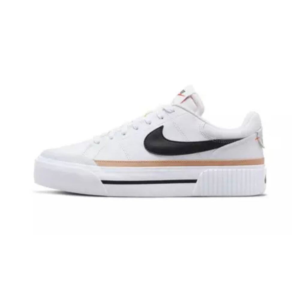 Nike White Sneakers with Black Swoosh and Tan Stripe
